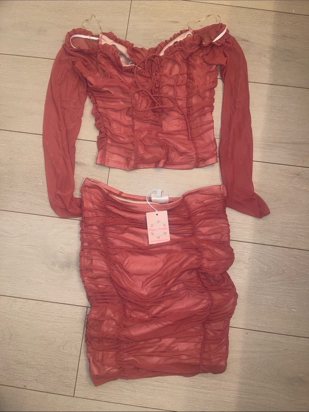 Ruched Two-Piece Mesh Set - Brick Red